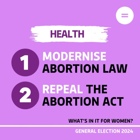 Graphic with a bright pink background and black and white text which reads Health 1 Modernise Abortion Law 2 Repeal the Abortion Act