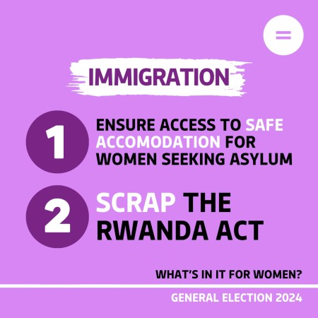 Graphic with bright pink background and black and white text that reads Immigration 1. Ensure access to safe accommodation for women seeking asylum 2 Scrap the Rwanda Act