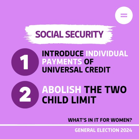 Graphic with a bright pink background and black and white text that reads: Social Security 1. Introduce Individual Payments of Universal Credit 2 Abolish the two child limit